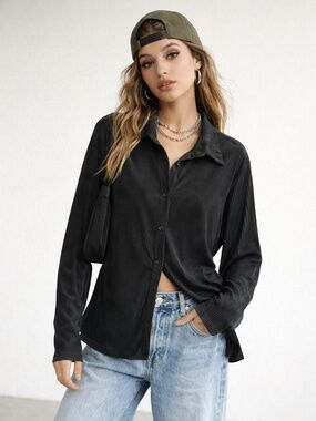 Ces't La Vie Ribbed Long Sleeve Shirt Women Size XL Black Button Down